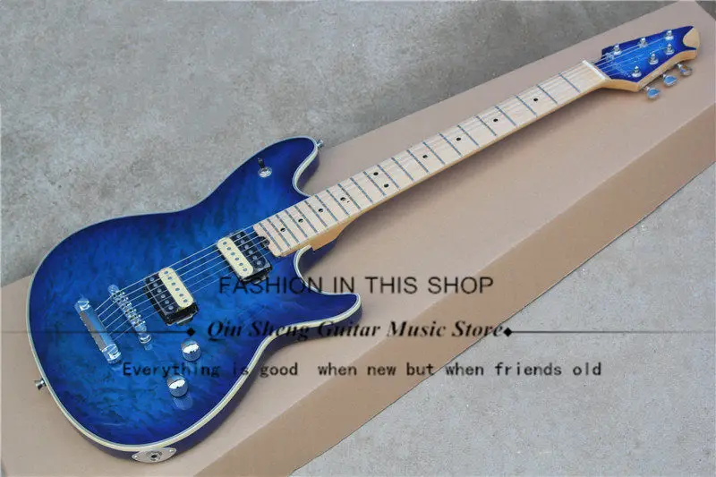 

bule evh electric guitar with quited maple veneer, LP bridge,HH pickups,maple fingerboard,free shipping, emept postage