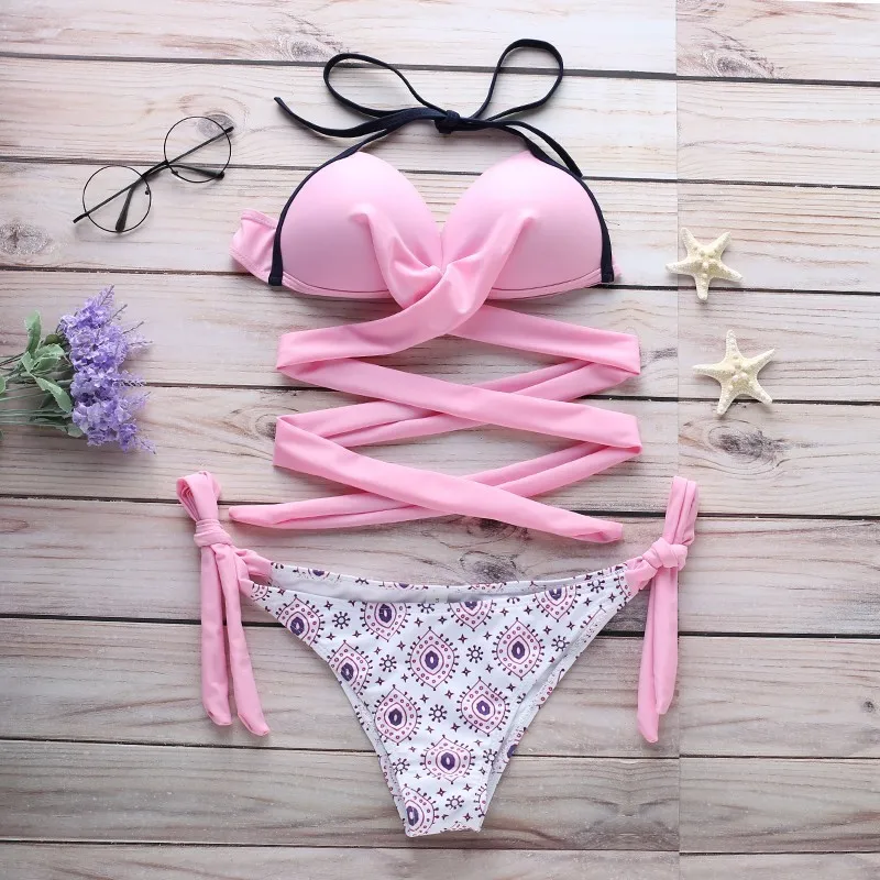

Pink Bikinis Mujer 2019 Swimwear Women Print Swimsuit Push Up Bikini Set Bathing Suit Maillot Femme Monokini Beach Wear Biquini