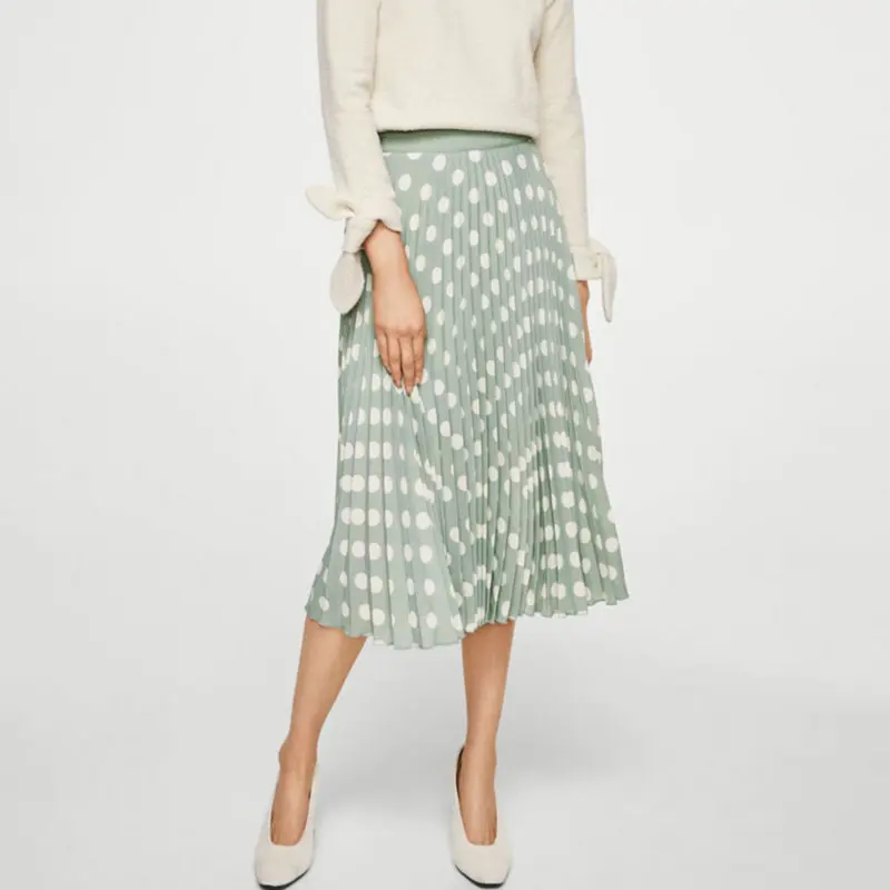 Новое поступление Женская мода до середины икры длинные плиссированные юбки в горошек женские весна лето осень винтажная Высокая талия зеленая юбка