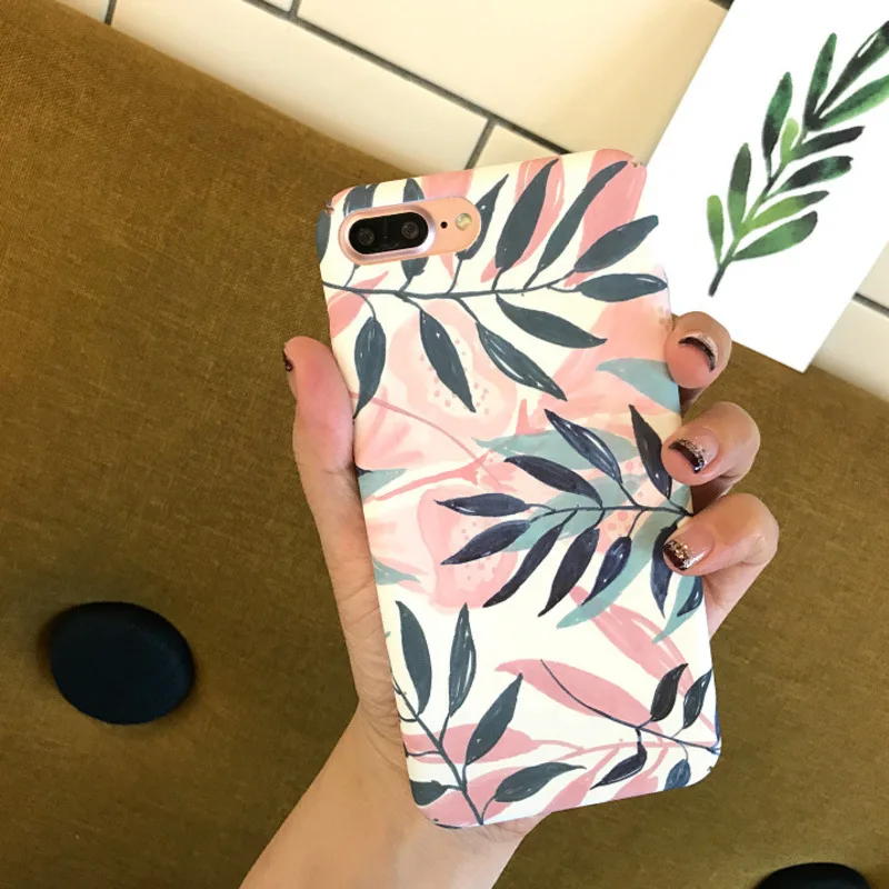 

Simple pink green leaf phone case for iPhone11 X XS XR XSMax 8 7 6 6S PluS all-inclusive hard shell drop protection cover