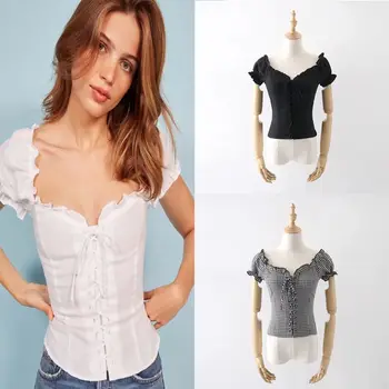 

New women's ruffles perforated Plaid short sleeve women's lace cut short sleeve bandage T-shirt