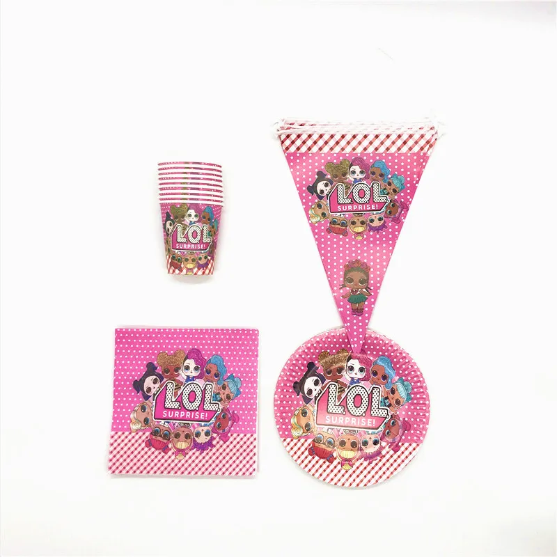 

Surprise Dolls Theme 50pcs/lot Wedding Paper Cup Plate Napkin Flag Child Girl Birthday Party Event Party Cartoon Banner Supply