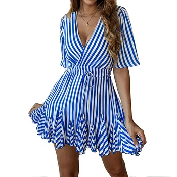 

Black Striped Kawaii Dress Ruffle Boho Casual Dress Mini Lace Up Party V-neck Elastic Wait Sundress 2019 Women Summer Plus Size