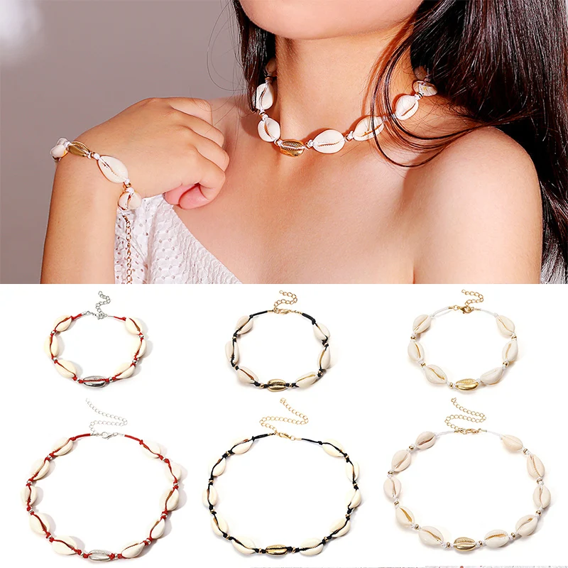 

Fashion Bohemia Shell Black Red Rope Necklace For Women Gold Seashell Choker Female Summer Beach Jewelry Gifts