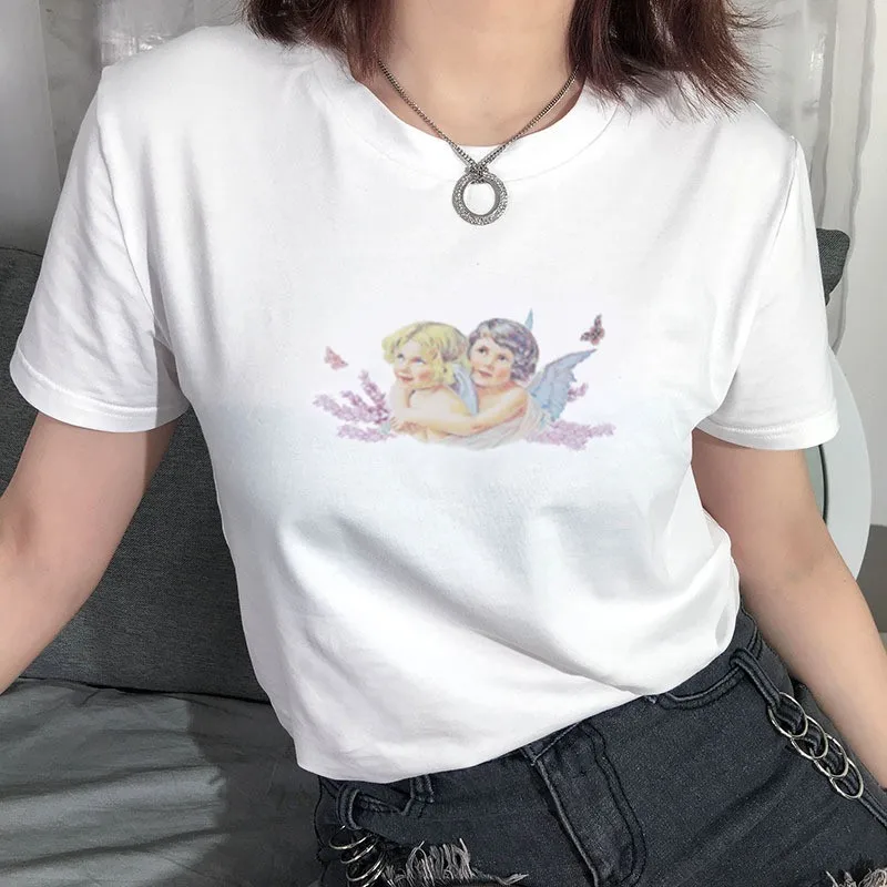 

Summer Casual Cotton T Shirt Women Cute Print Angel White Tee Shirt Women Loose T-shirt Streetwear Korean Style Tops Femme