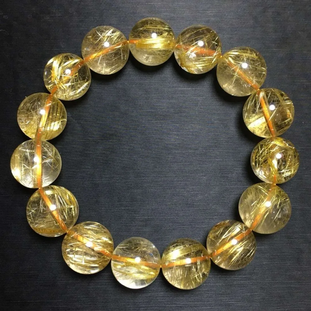 

100% 14mm Natural Gold Rutilated Quartz Round Beads Stretch Bracelet Wealthy Women Man Jewelry Stone Healing Aaaaa Certificate
