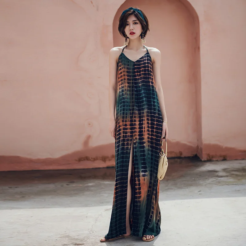 

Film tie-dye hang neck type split Thailand holiday beach dress backless dress female dress