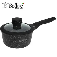 BR-1101 Ковш Bollire MILANO 1.4 л 16 см, Литой алюминий, Технология днаFULL INDUCTION BOTTOM, Крышка из термостойкого стекла с силиконовым ободом, Ручкибакелит, с покрытием SOFT TOUCH и силиконовыми вставками