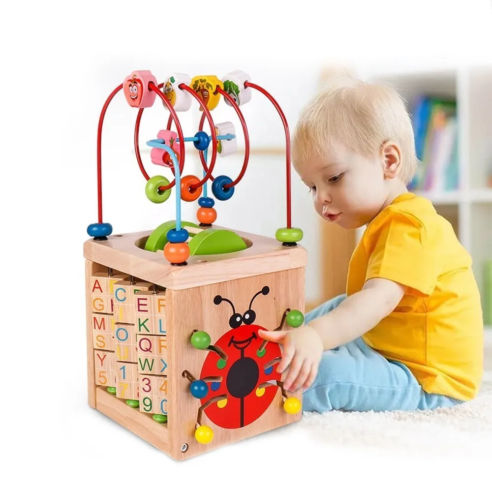 

NEW Wood 6 in 1 Bead Maze Activity Cube Natural & Non-toxic Activity Center Box Early Learning Educational toys for Children