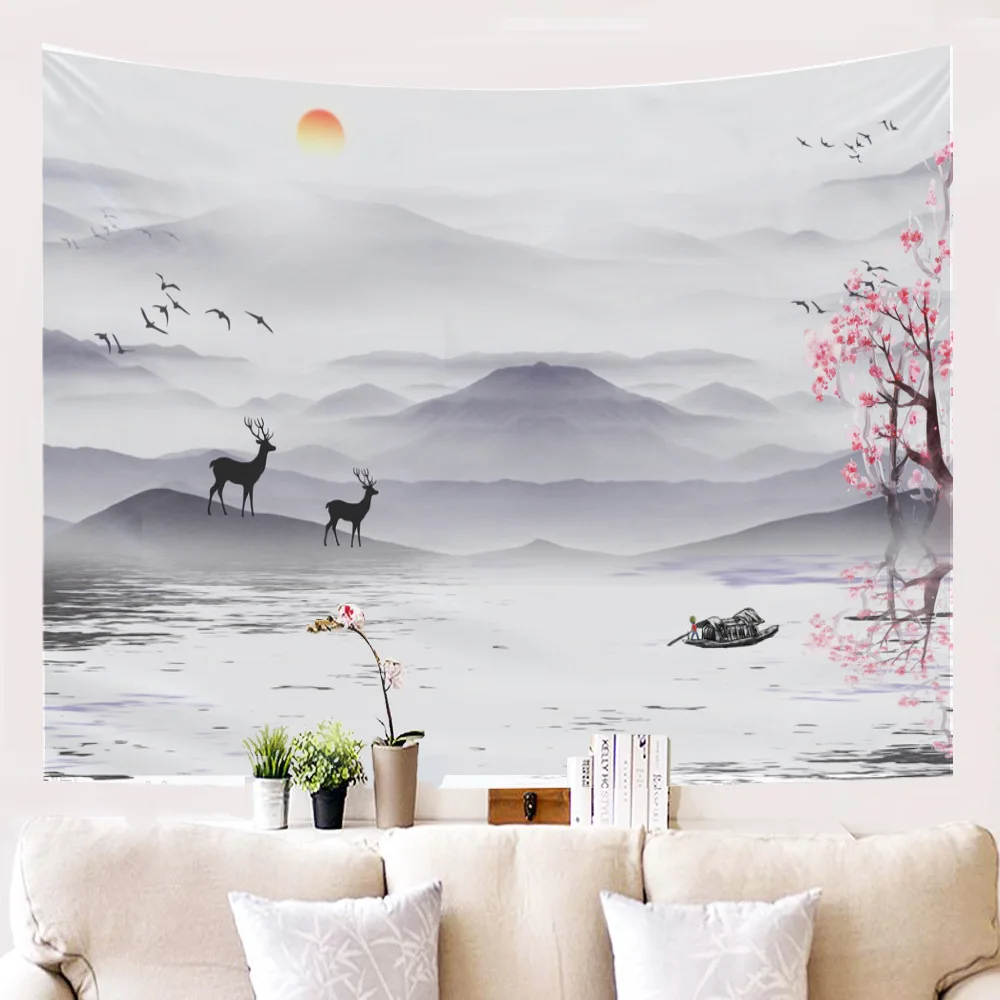 

Loartee Vintage Chinese Water Ink Tapestry Peach Bloomer Wonderland Painting Mountain Lake Boat Decor Wandkleed