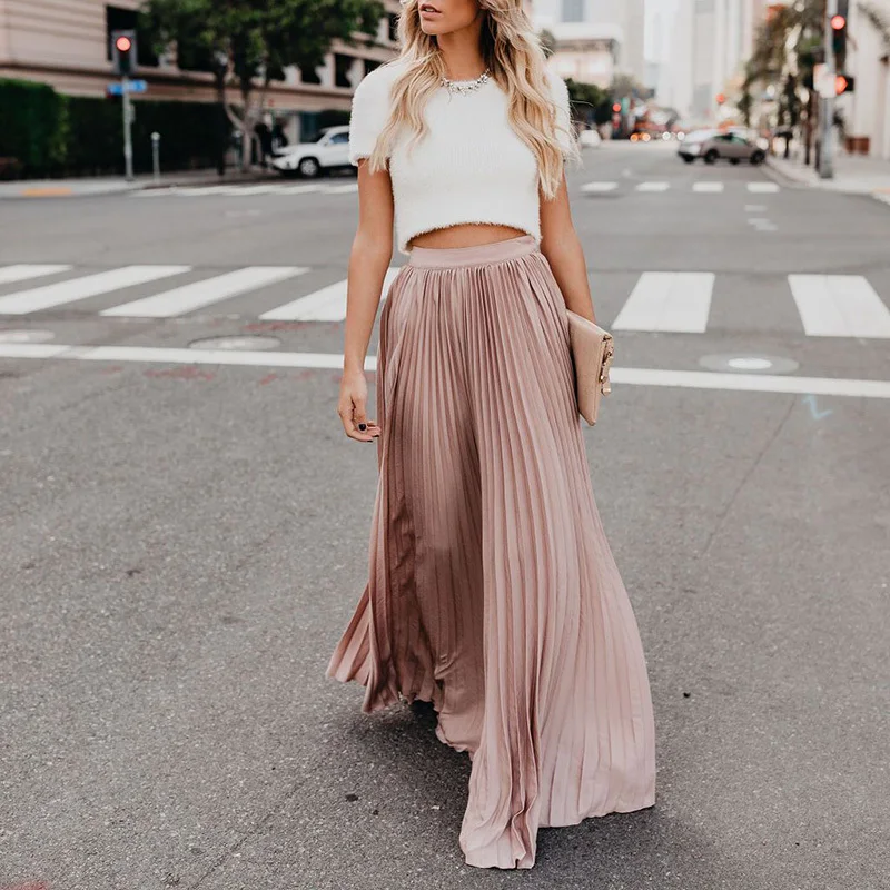 Holiday Style Pleated Women Skirts Ladies Solid Color Elastic High Waist Skirt Autumn Spring Casual Long Maxi Skirt Falda Larga