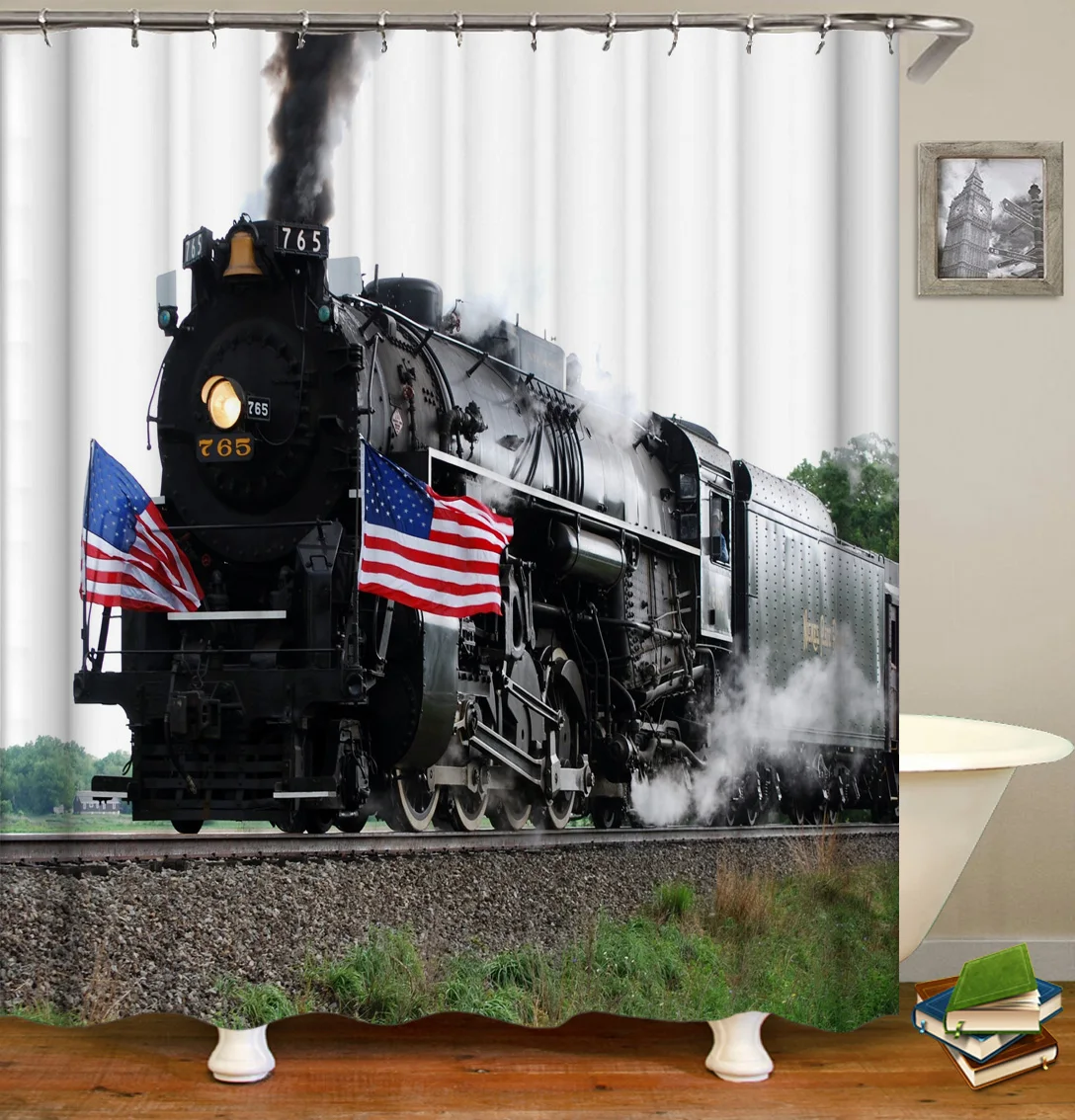 

Shower Curtain Set with Hooks Train US Flag Star-spangled Banner Bathroom Decor Mildew Resistant Polyester Fabric Shower Curtain