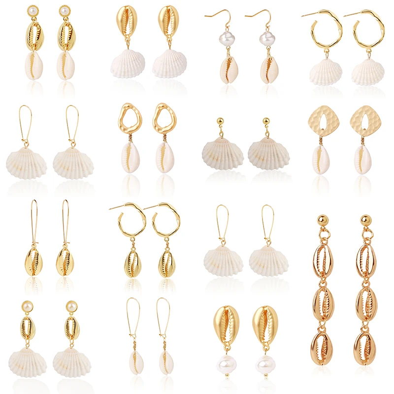 

Fashion Jewelry Sea Shell Earrings For Women Gold Silver Color Metal Shell Cowrie Statement Earrings 2019 Summer Beach Jewelry