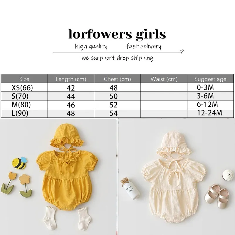 Летний хлопковый комбинезон для маленьких девочек, коллекция года, пышный костюм с короткими рукавами для новорожденных, куртка шапочка, комбинезон из двух предметов
