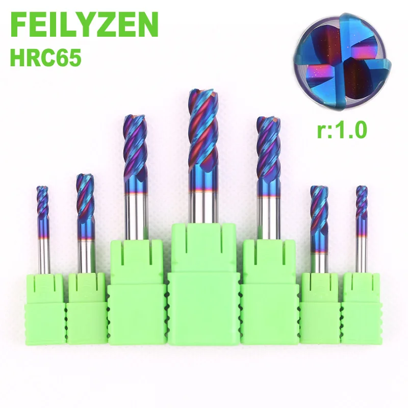 FEILYZEN HRC65 твердосплавный NaCo/голубое покрытие R1 угловая Концевая фреза 4 флейты