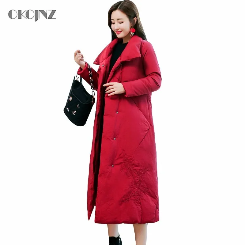 Vintage Embroidery Long Coat Woman Puffer Jacket 2019 Cotton Turn-down Collar Thick Warm Parka Female Korean Outwear Okq048 | Женская