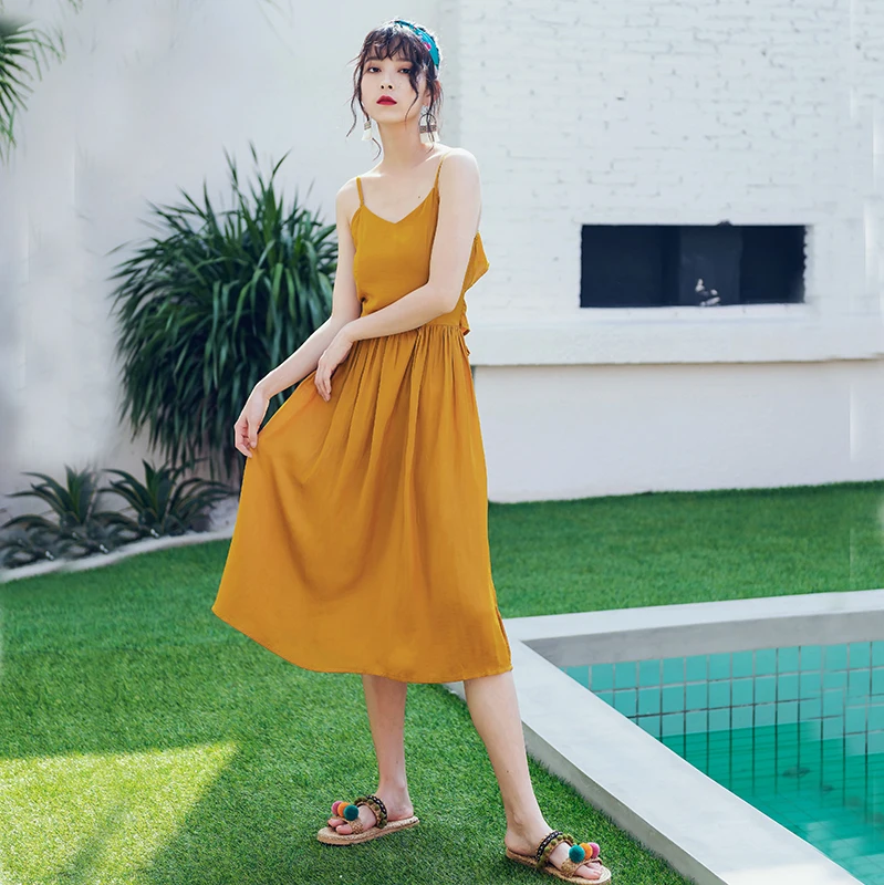 Beli Untuk Film Peri Embun Pinggang Jahe Kuning Gaun dengan Hati hati Mesin Panjang Backless Liburan Pantai Angin Gaun dengan Tali Bahu Murah Untuk Film Peri Embun Pinggang Jahe Kuning Gaun dengan Hati hati Mesin Panjang Backless Liburan Pantai Angin Gaun dengan Tali Bahu