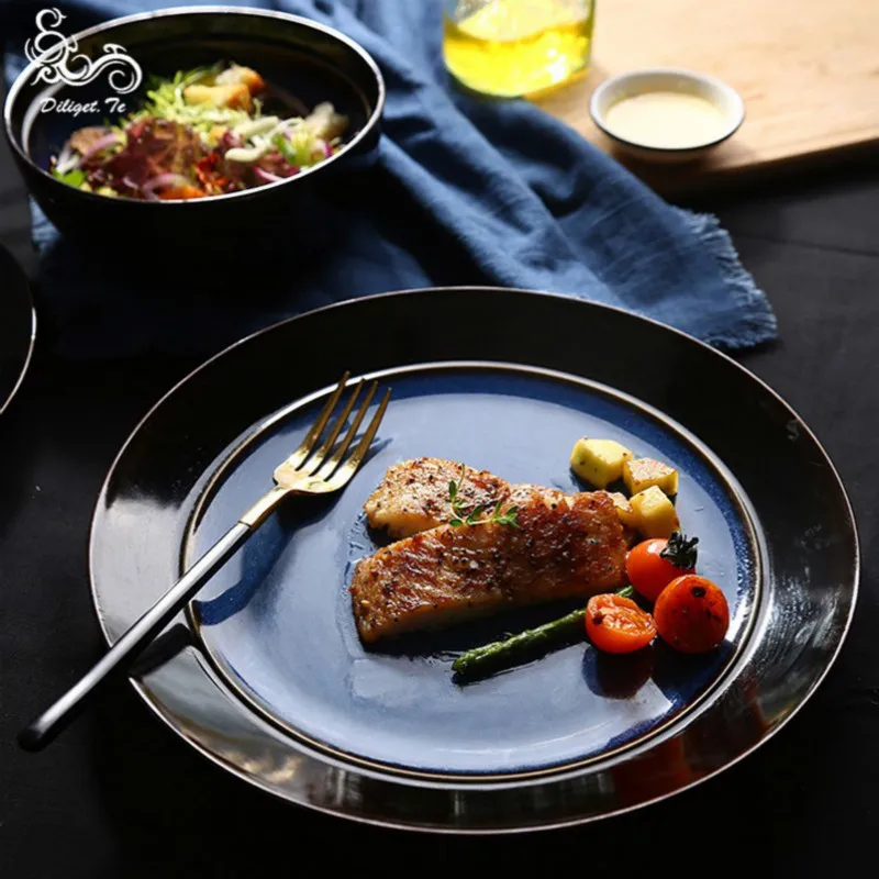 

Diliget.te Steak Salad Dinner Dessert Butter Plates For Food Set Of Dishes Slates Ceramics Solid Round Blue Tableware Porcelain