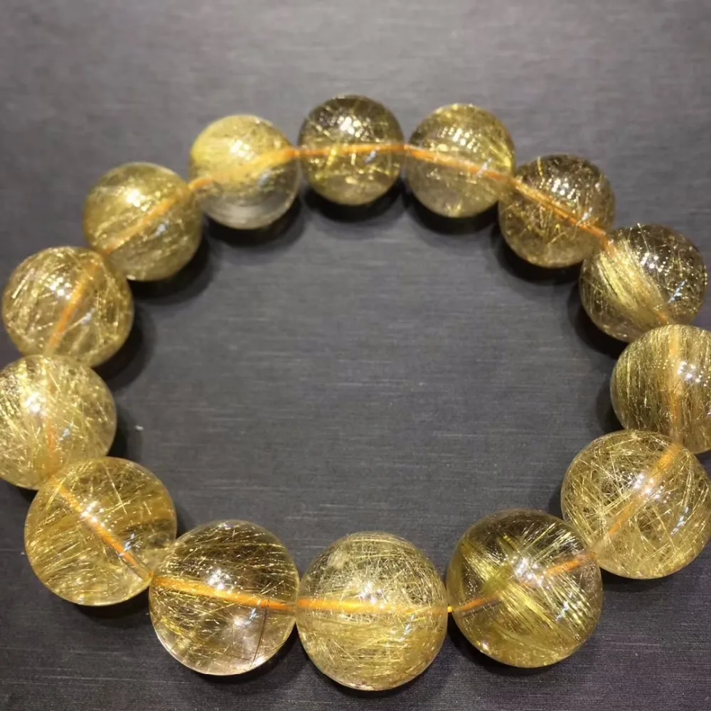 

Top 16mm Natural Brazil Gold Rutilated Titanium Quartz Round Beads Bracelet Women Man Stretch Crystal Certificate Aaaaaa