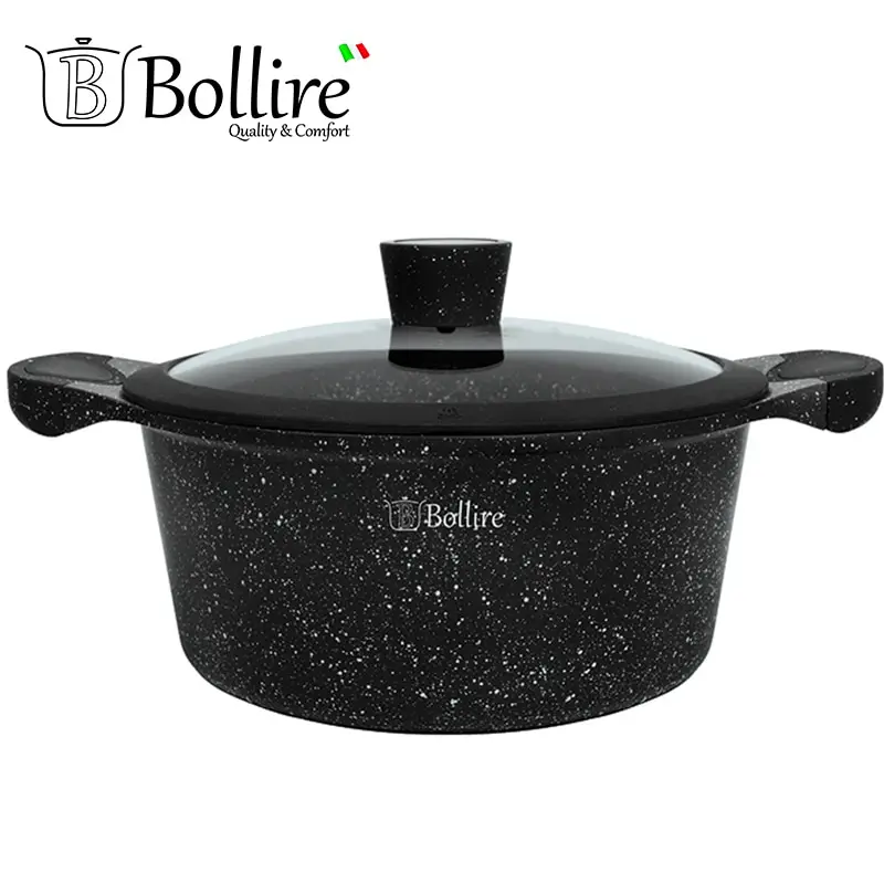 BR-1102 Кастрюля Bollire MILANO 2.4 л 20 см, Литой алюминий, Технология дна FULL INDUCTION BOTTOM, Подходит для всех видов плит, включая индукционные, Термостойкое стекло с силиконовым ободом