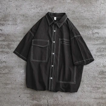

2019 Spring And Summer New Korean Version Of Harajuku Men's Casual Loose Cotton Trend Short-sleeved Stitching Hawaiian Shirt