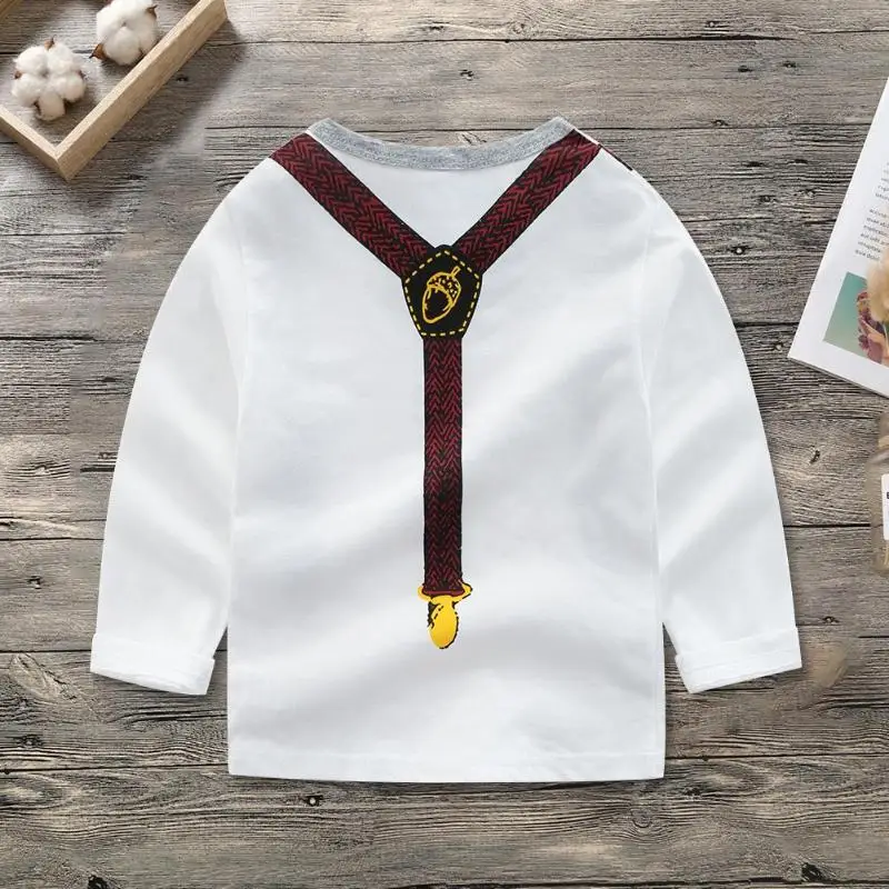 Одежда для маленьких джентльменов с мультипликационным принтом; Милая футболка с галстуком-бабочкой для малышей; хлопковые топы с длинными рукавами для маленьких мальчиков