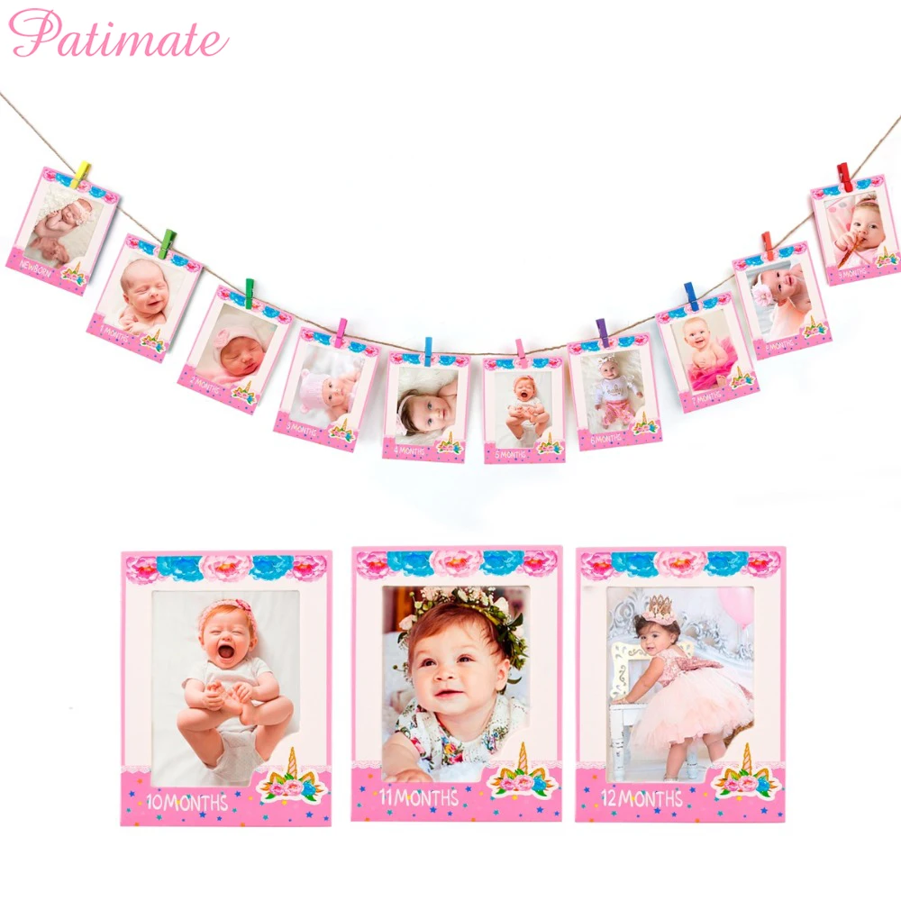 

PATIMATE 13pcs Unicorn Photo Frame Banner 1st Birthday Banner Baby Shower Flags For Kids Happy Birthday Party Decoration
