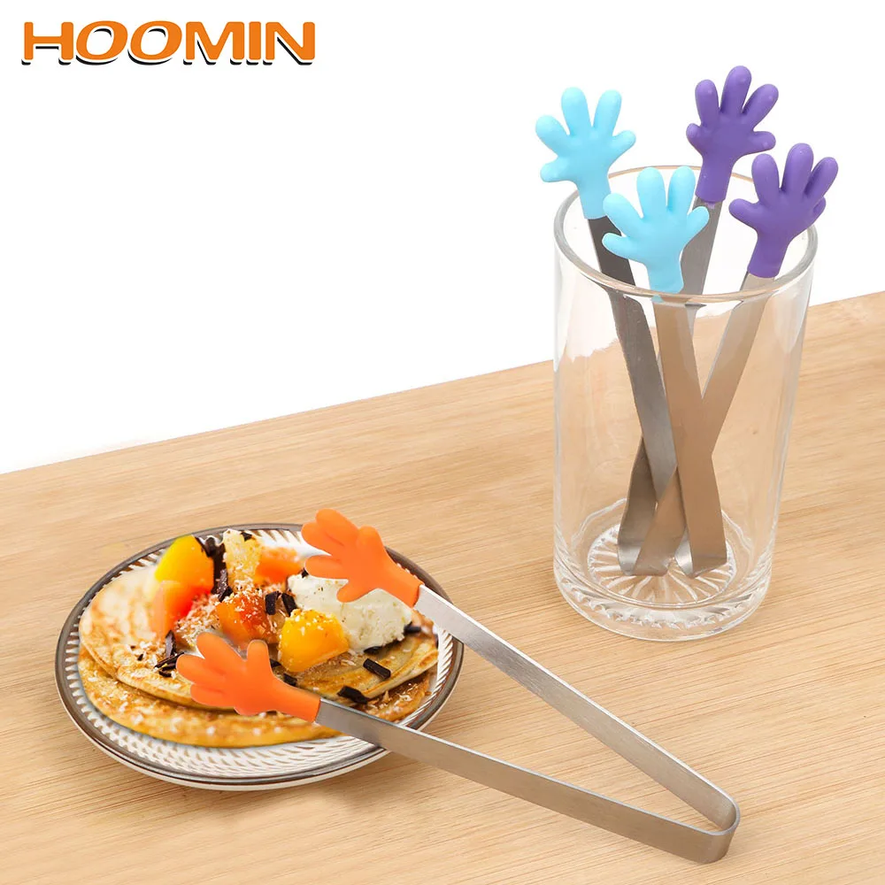 

HOOMIN Mini Hand Shape Salad Serving BBQ Tongs Silicone Food Clip Creative Stainless Steel Handle Utensil Kitchen Cooking Tools