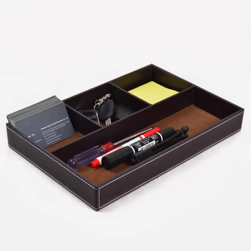 

4 Grids Multi-functional PU Leather Desktop Storage Tray Office Stationery Key Holder Organizer