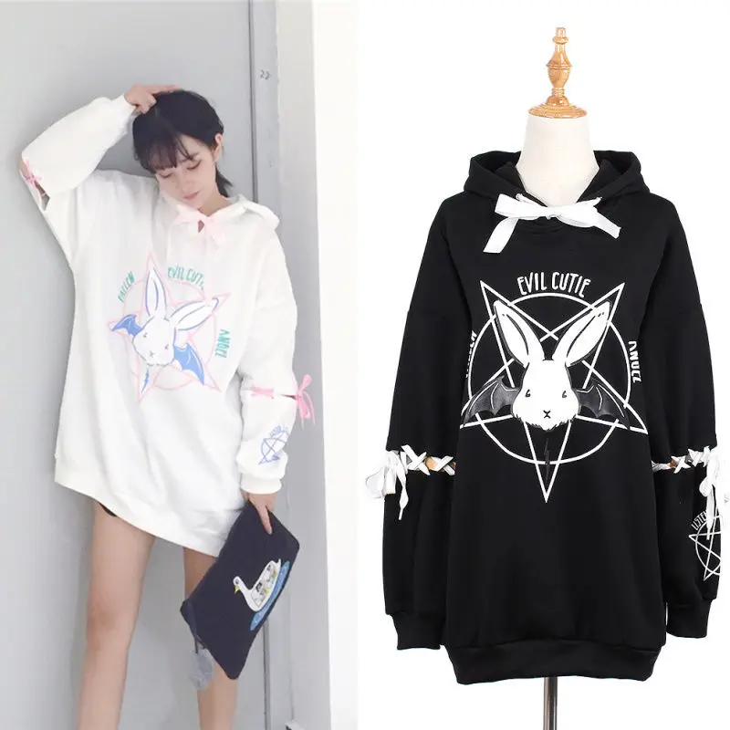 

Hoodies Women Cute Rabbit Printed Loose Hooded Sweatshirt Streetwear Female Hollow Out Lace Up Sleeve Pullovers