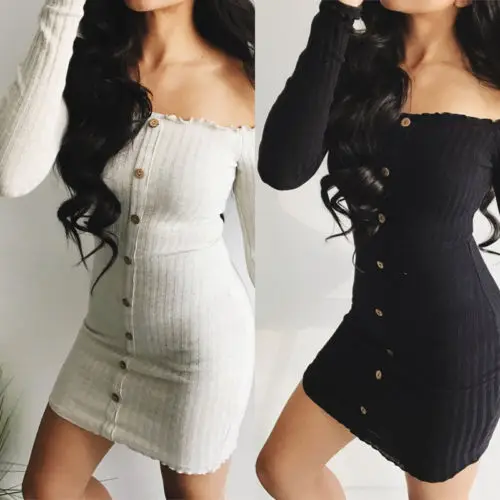 

New Arrival Winter Spring Straight Casual Dress Women Long Sleeve Off Shoulder Cocktail Party Club Bodycon Dress