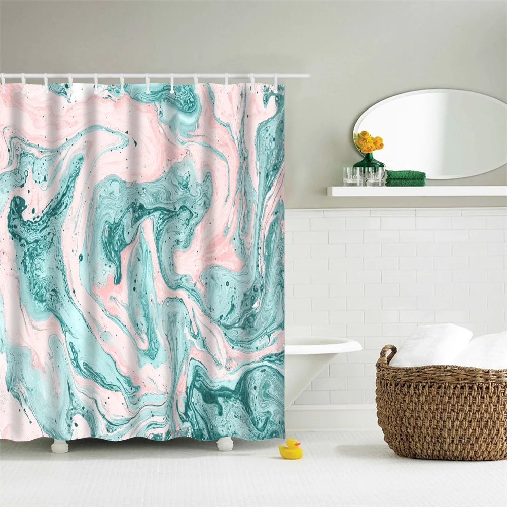 

Shower Curtain Set with Hooks Marble Pattern Green Pink Oil Flows Movement Bathroom Decor Mildew Resistant Fabric Shower Curtain