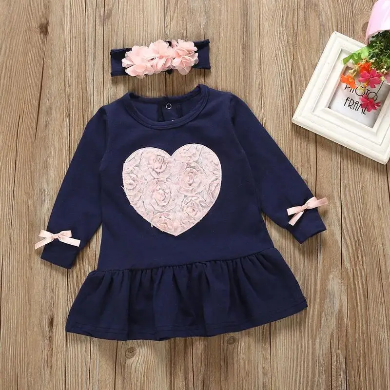 

Kids Girls Long Sleeve Love Embroidered Dress Headband 2pcs Set Baby Autumn Clothes Outfit
