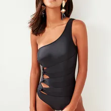 Trendyol Расширенный связывающий черный купальник на одно плечо TBESS19MN0031