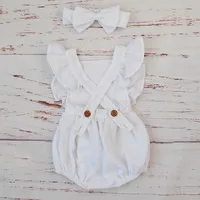 Organic Cotton Baby Girl Clothes Summer New Double Gauze Kids Ruffle Romper Jumpsuit Headband Dusty Pink Playsuit For Newborn 3M 5