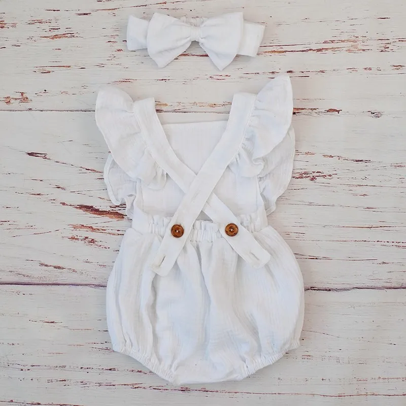 Organic Cotton Baby Girl Clothes Summer New Double Gauze Kids Ruffle Romper Jumpsuit Headband Dusty Pink Playsuit For Newborn 3M