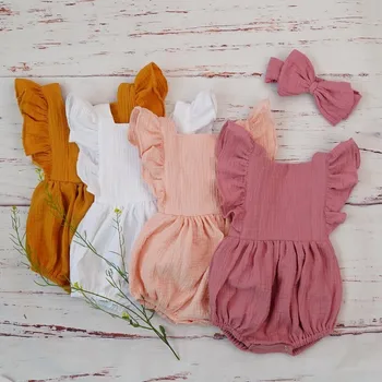 Organic Cotton Baby Girl Clothes Summer New Double Gauze Kids Ruffle Romper Jumpsuit Headband Dusty Pink Playsuit For Newborn 3M 1