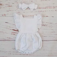 Organic Cotton Baby Girl Clothes Summer New Double Gauze Kids Ruffle Romper Jumpsuit Headband Dusty Pink Playsuit For Newborn 3M 4