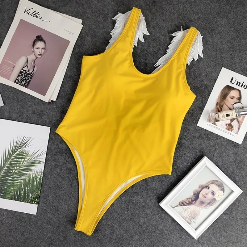

2019 New Swimwear Women One Piece Solid Angel Wings Backless Swimsuit Summer Beach Brazilian Beachwear Swim Bathing Suit Girls