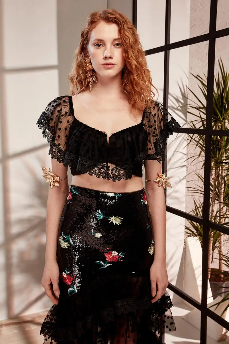 Trendyol RAINA черный горошек Тюль детальное бюстье TDPSS19FZ0094|Бюстье и корсеты| |