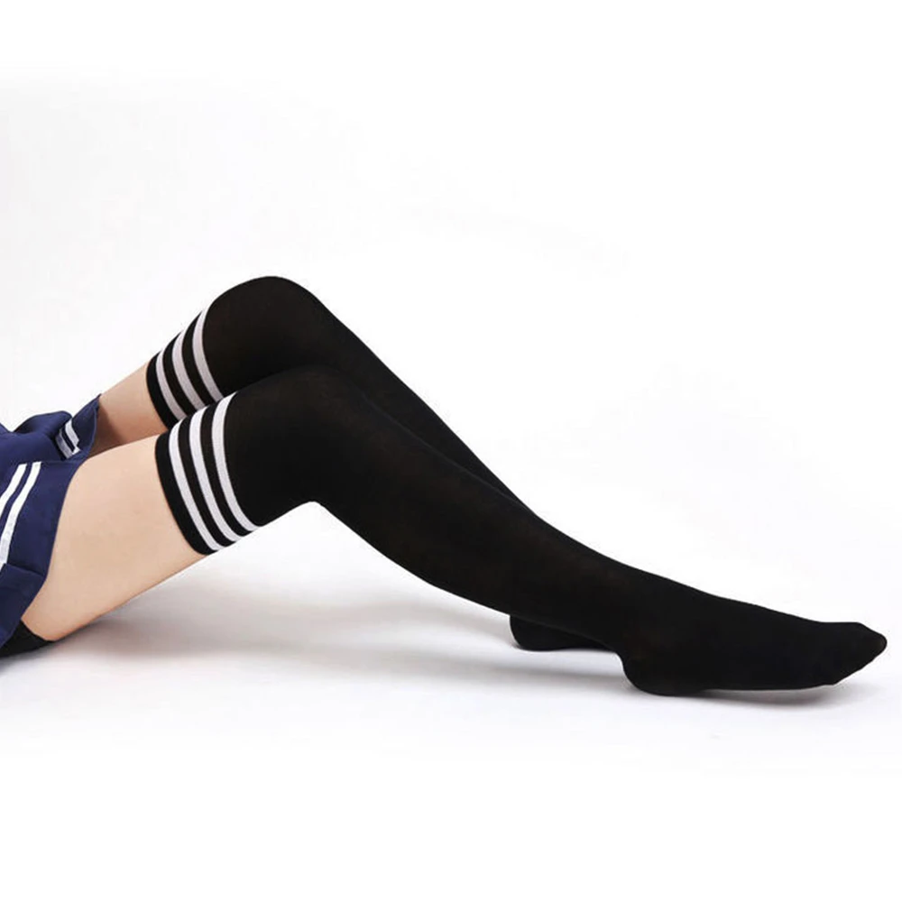 

Women School Girl Stocking High Over The Knee Socks Opaque Japanese School Student Long Stripe Thigh Stockings for Girl Teenager