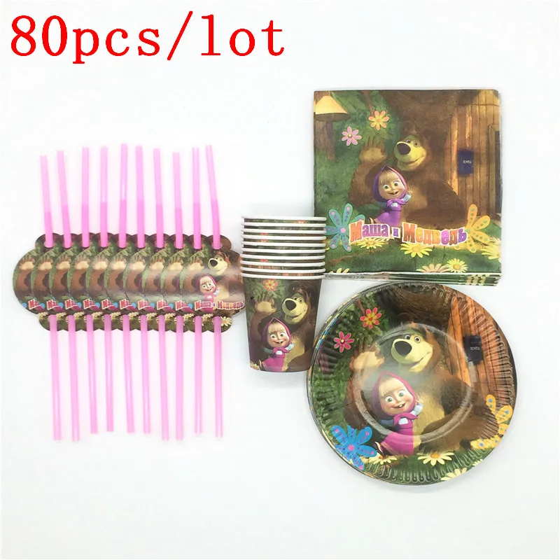 

Masha and Bear Theme Design 80Pcs/Lot Disposable Tableware Sets Girls Birthday Party Wedding Decoration Family Party Supplies