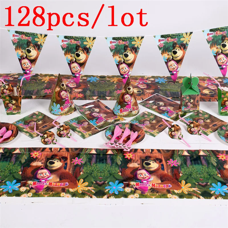 

128Pcs/Lot Cartoon Masha And Bear Disposable Tableware Sets Kids Birthday Decoration Children's Day Wedding Event Supplies