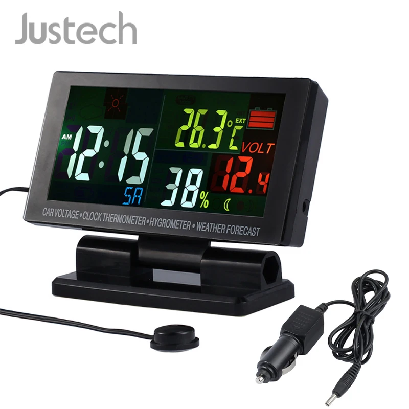 

Justech Digital Color LCD Car Clock Thermometer Hygrometer With Charger Button battery 12/24V Voltage Alarm Weather Temperature