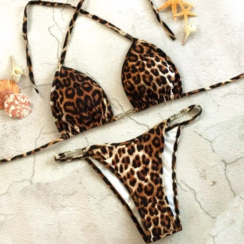 

Sexy Swimwear Women 2019 Mini Bikini Leopard Print Tankini Two Pieces Metal Button Swimsuit Swimming Suits Thong Bikinis Push Up