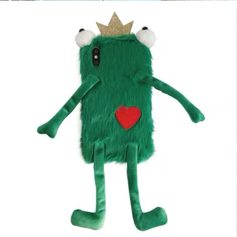 

3D cute frog Fur Silicone Phone Cases For iPhone X 8 7 6 s 6s Plus XS Max XR heart Plush funny Big Eyes Frog prince For Girls