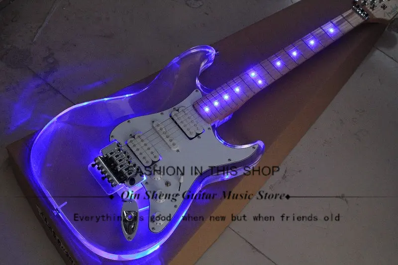 

lucency acrylic electric guitar with blue LED bulb, tremolo,ST HSH pickups,maple fingerboard,free shipping