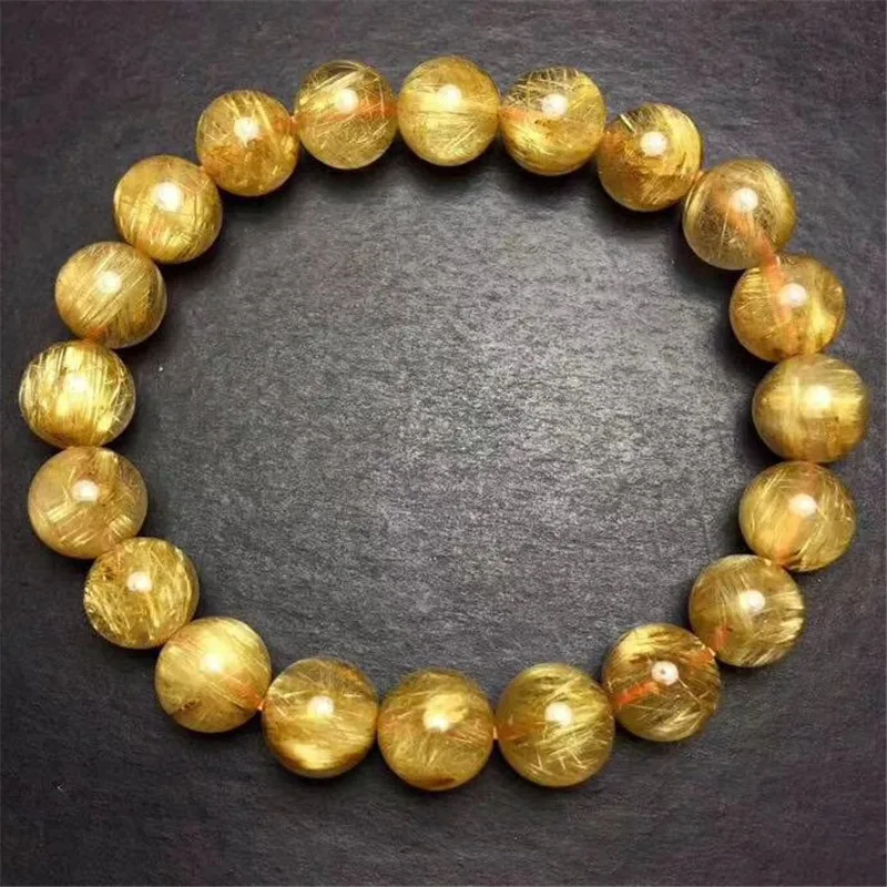 

Natural Gold Rutilated Quartz Gemstone Healing Gifts 9.5mm For Women Men Round Beads Stretch Fashion Crystal Bracelet Aaaaaa