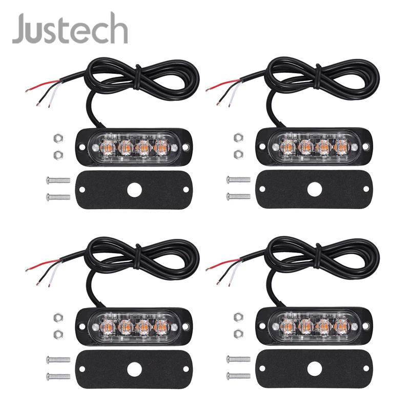 

Justech 4PCS 12V 24V AMBER RECOVERY STROBE 4 LED LIGHTS ORANGE GRILL BREAKDOWN FLASHING