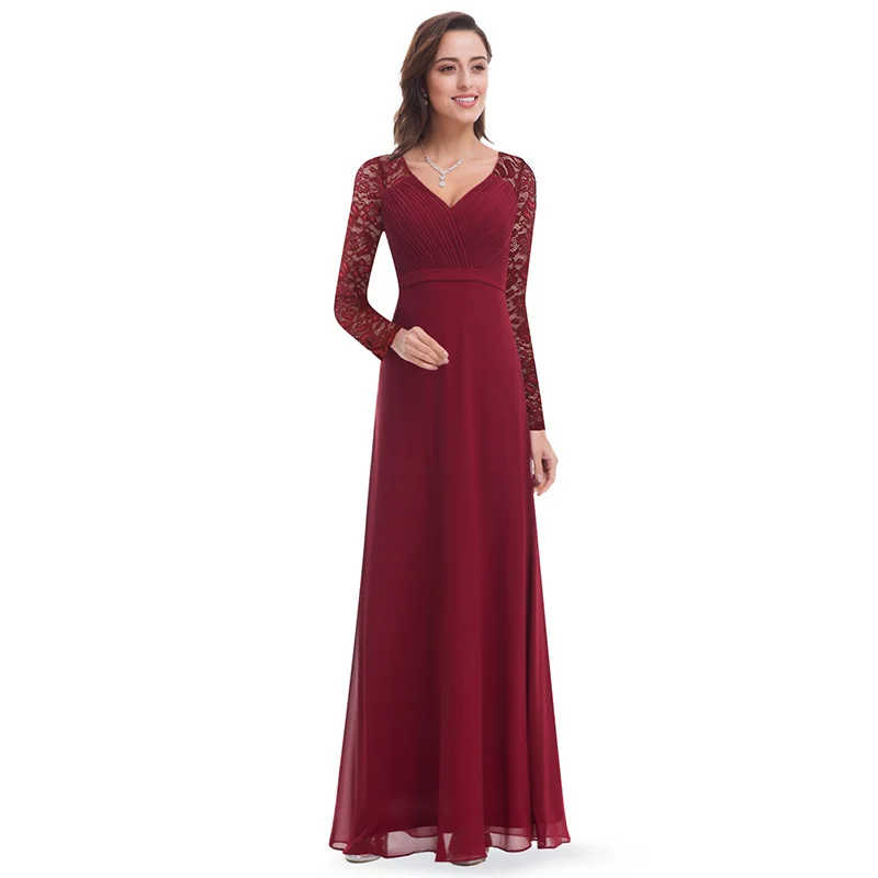 Purple Womens Dresses New Arrival 2018 Chiffon A-line Lace Long Sleeve Autumn Winter Plus Size Formal Party Long Dress Vestido